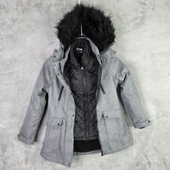 Womens Magellan Gray & Black Hooded Parka Jacket w/ Black Quilted Inner Layer M - Picture 2 of 11